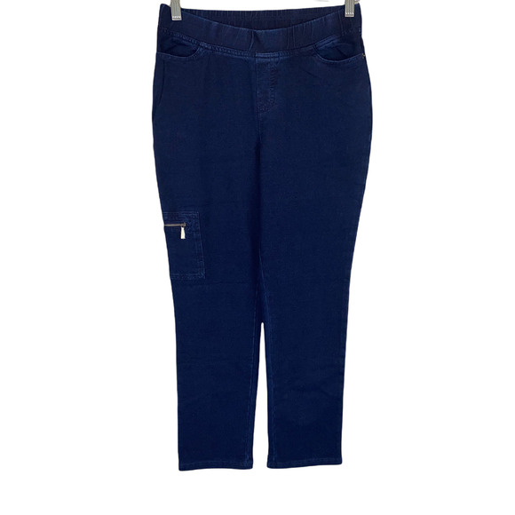 Denim & Co. Petite Knit Straight Leg Jeans w/ Cargo Pocket Dark Indigo 4P Size - Picture 1 of 2